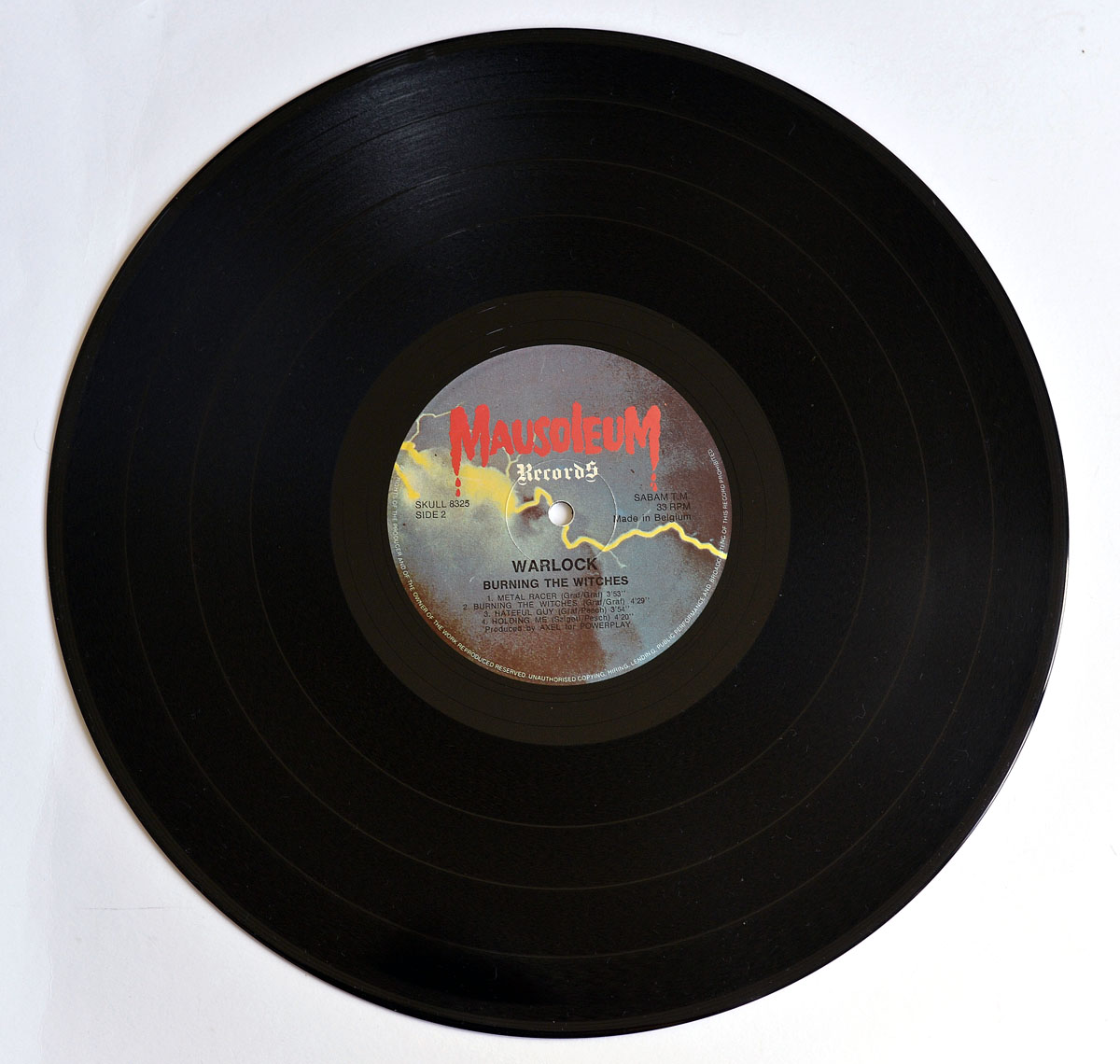 Close up of Side Two label for WARLOCK Burning the Witches